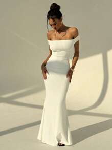 Aloruh 白色婚礼季节露背褶饰性感露肩修身女式连衣裙