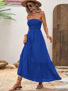 Breezaya Solid Ruffle Hem Tube Dress Maxi Vacation Beach Outfits Women - Royal Blue - View 4