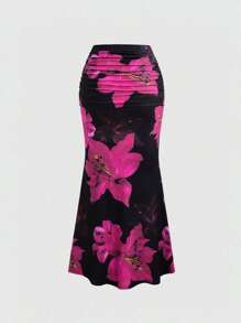 Sweetra 女士花卉印花褶皱高腰松紧腰美人鱼下摆长裙，优雅