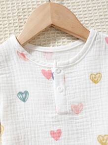 SHEIN Vintaside Kids Baby Girls' Colorful Heart Pattern Short Sleeve Outfit - White - View 3