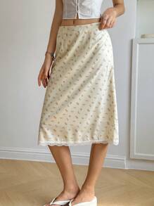 Jouncy 女式撞色蕾丝休闲A字夏季法式碎花半身裙 - 黃色 - 查看 4