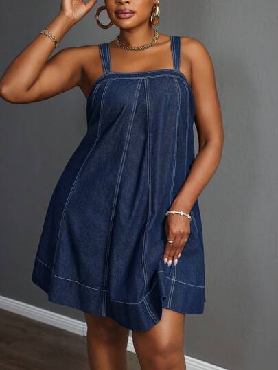Slaydiva Plus Size Women's Summer Casual Denim Suspender Dress With Topstitch Design  Women Plus Sun Dress Women Short Dresses Summer Woman S Summer Clothes Women Summer Clothing
