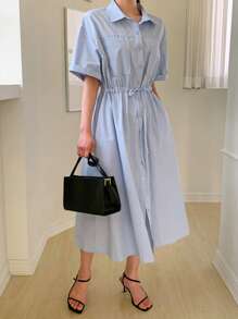DAZY 女式领结腰短袖衬衫裙，中长款，返校服 - 藍色 - 查看 1