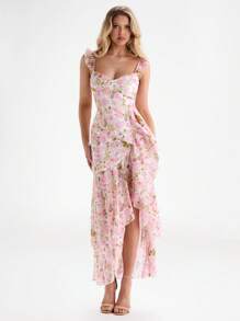 Glamine Abito floreale elegante e romantico da donna con scollo a V, rouches e orlo asimmetrico, adatto per le vacanze in rosa - Rosa - Visualizzare 3