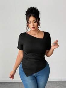 Elenzga Plus Size Women Short Sleeve Asymmetrical Collar Design T-Shirt, Fashionable High-End Versatile Casual Slim-Fit Top Suitable For Spring/Summer - Black - View 4