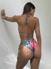 Aloruh 女士夏季热带植物印花露背短款上衣和系带比基尼泳装套装