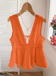 INAWLY New Summer Stylish Slim Contrast Lace Deep V-Back Top - Orange - View 3