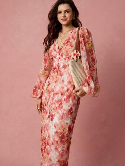 Enchnt Fall/Winter Romantic Women's Purple Floral Jacquard V-Neck Lantern Sleeve Waist Cinched Maxi Dress,Chic&Elegant For Vacation&Date&Holiday&Graduation&Wedding Guest&Office&Going Out&Halloween&Christmas,Autumn Dresses For Women,Fall Clothes For Women,Autumn Outfits For Women,Back To School