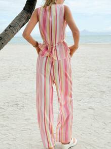 Jouncy 女士夏季条纹方领单排扣背心和裤子休闲两件套 - 彩色 - 查看 2