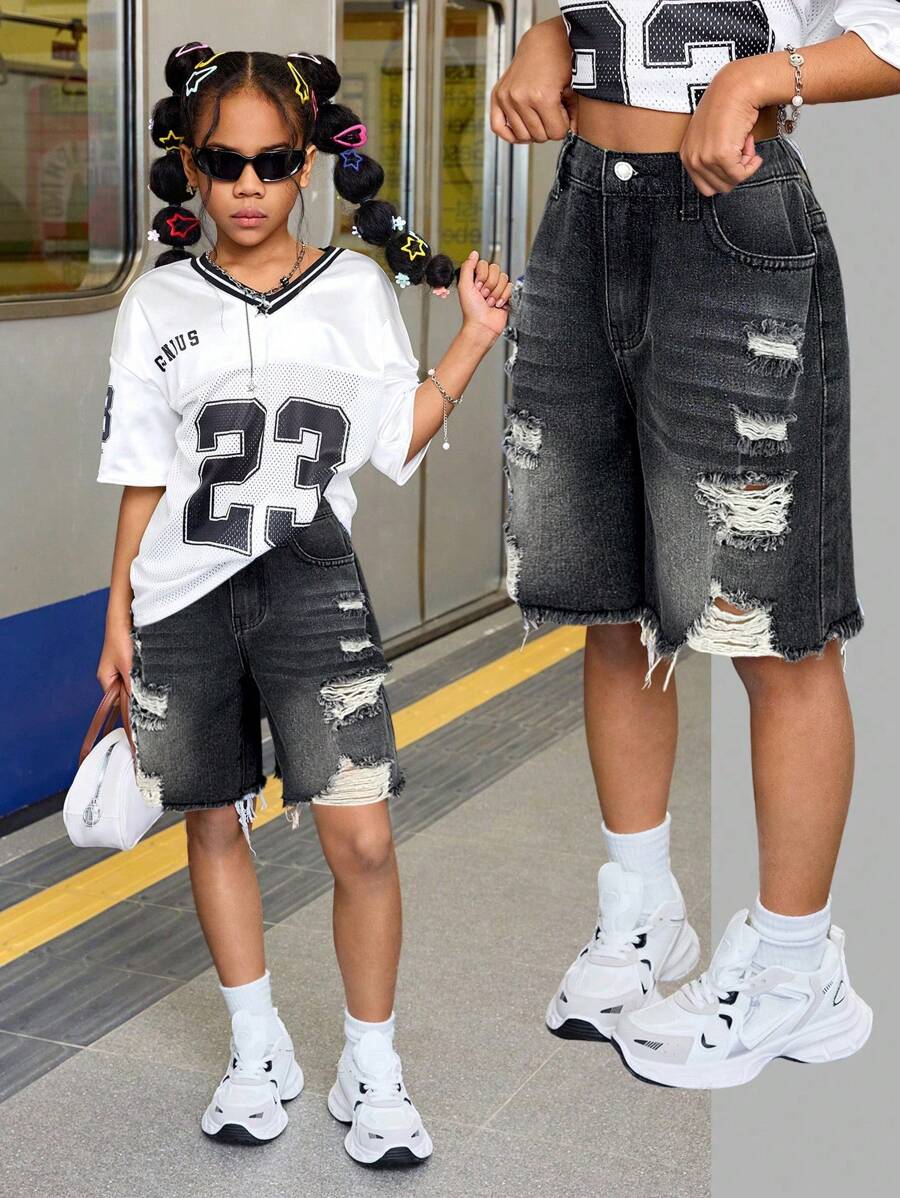 SHEIN Tween Girl Y2K 高腰宽松破洞柔软牛仔百慕大短裤,带毛边下摆,夏季骑行短裤,波西米亚风海滩音乐会狂欢节,女孩可爱夏季短裤毕业 - 灰色 - 查看 1