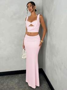 SHEIN BAE Women White Lace Bralette Crop Top + Low Waist Fishtail Elegant Skirt Set, Summer - Coral Pink - View 4