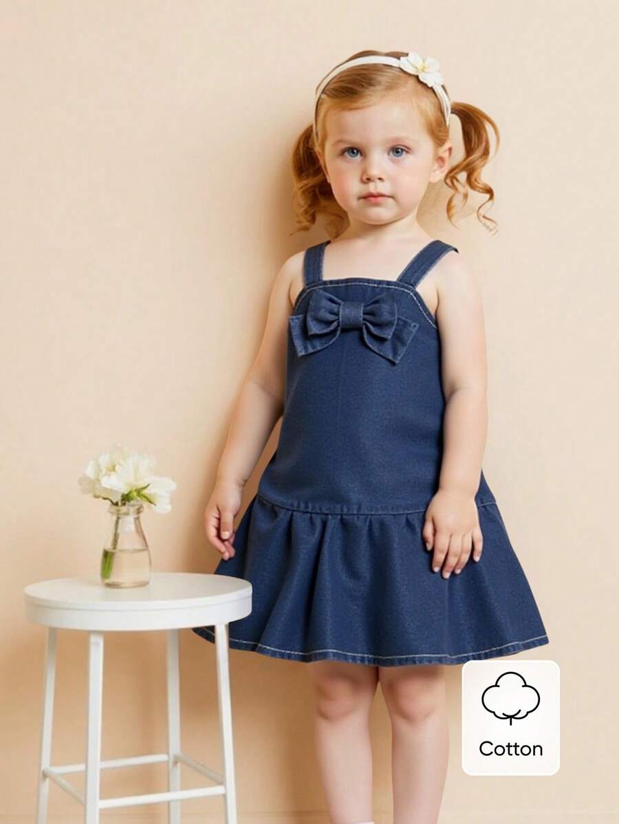 SHEIN Young Girl' Summer New Denim Sleeveless Strap Front Cute Bow Hem Ruffle Fashion Washed Deep Blue Versatile Denim Dress - Dark Wash - View 1
