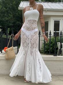 SHEIN EZwear Women's Floral Lace Mermaid Hem Sexy Spaghetti Strap Dress - White - View 1