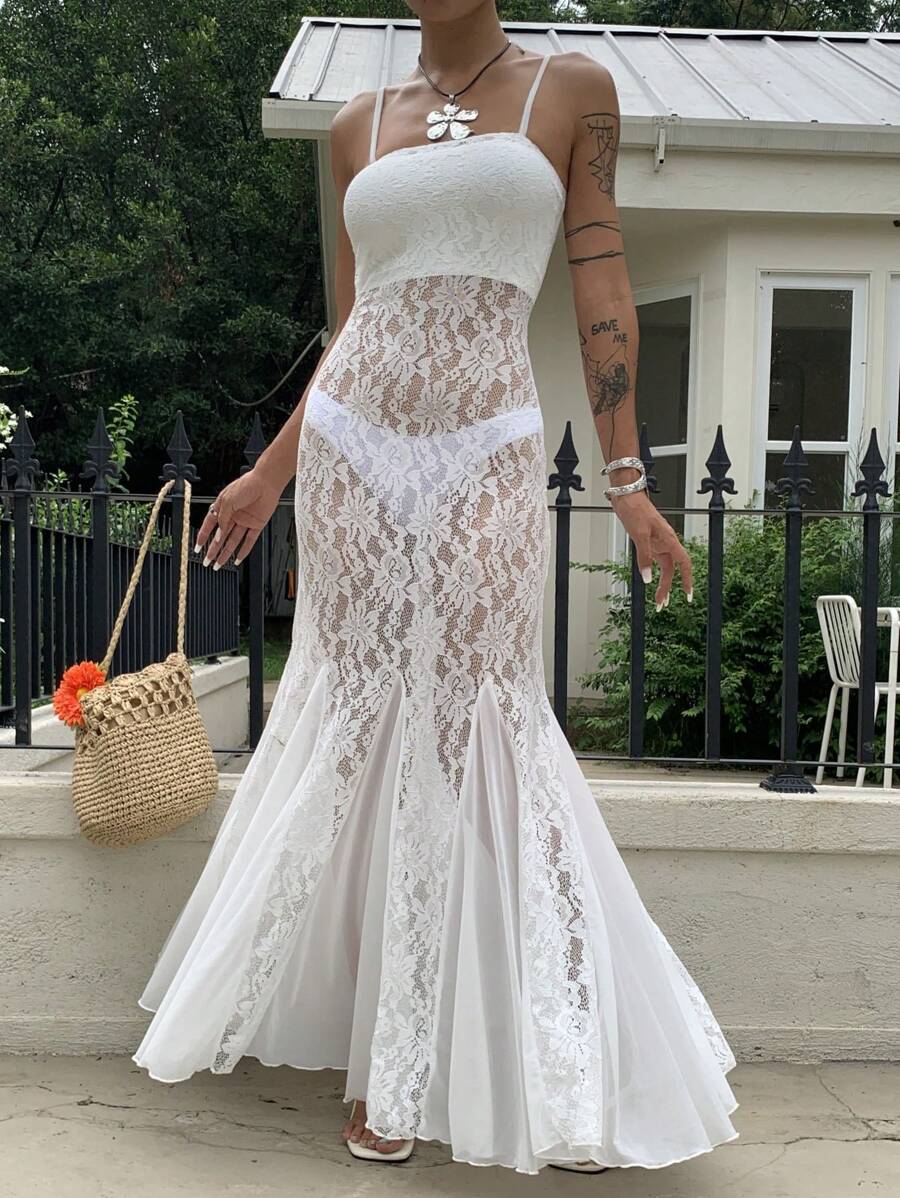 SHEIN EZwear Women's Floral Lace Mermaid Hem Sexy Spaghetti Strap Dress - White - View 1