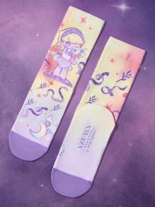 Pop Mart Azura X SHEIN 3 Pairs Cartoon Pattern Fashion Gradient Color Macaron Soft Breathable Sweat-Absorbing Women's Elastic Crew Socks, Printed Patterns Suitable For Spring, Summer, Autumn; Purple & Pink Bear Print Mid-Calf Socks, Rainbow Cloud Breathable Soft All-Season Socks For Women