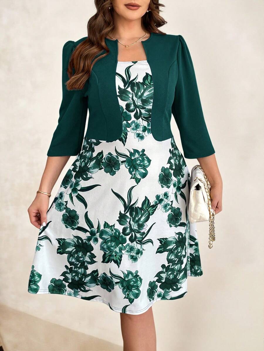 SHEIN Clasi Plus Size Elegant Floral Print Patchwork 2 In 1 Dress Plus Size Christmas Green - Dark Green - View 1