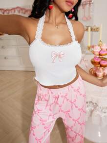 SweetSlumber Top de pyjama pour femmes avec imprimé papillon doux et empiècement en dentelle