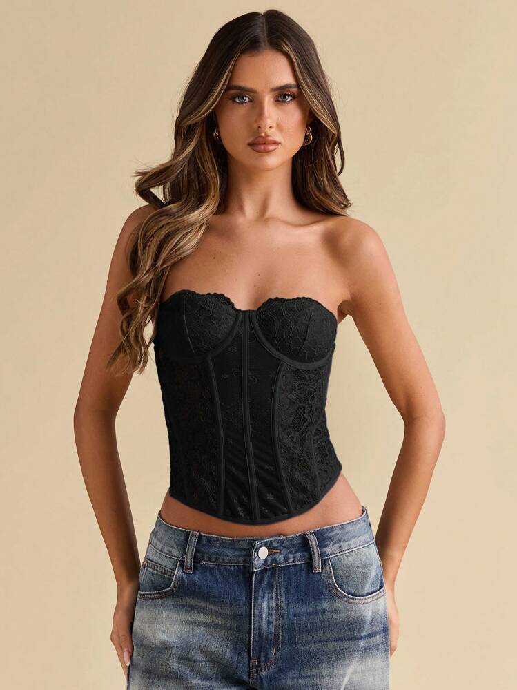 SHEIN BAE Top con copa de encaje elástico elegante para vacaciones de verano en la playa, disfraz de corsé para conciertos, actuaciones y festivales de música, top sexy para clubes - Negro - Añade 6