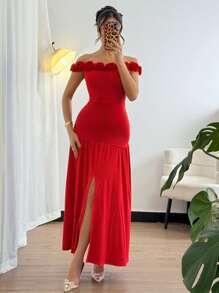 Chiquease 女士红色露肩紧身连衣裙，带有 3D 玫瑰花朵，性感侧开衩 - 紅色 - 查看 6