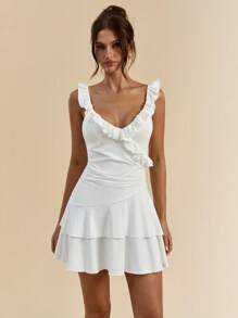 White Solid Color Sexy Deep V-Neck Ruffled Asymmetric Hem Slip Dress For Women, Vacation Dress, Graduation Dress, Bridesmaid Dress, Spring/Summer