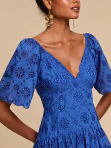 Travachic Summer Blue Puff Sleeve Long Dress With Floral Cutout Design And Sweetheart Neckline Blue Dress Blue Midi Dress Blue Eyelet Dress Blue Vacation Dress - Blue - View 1
