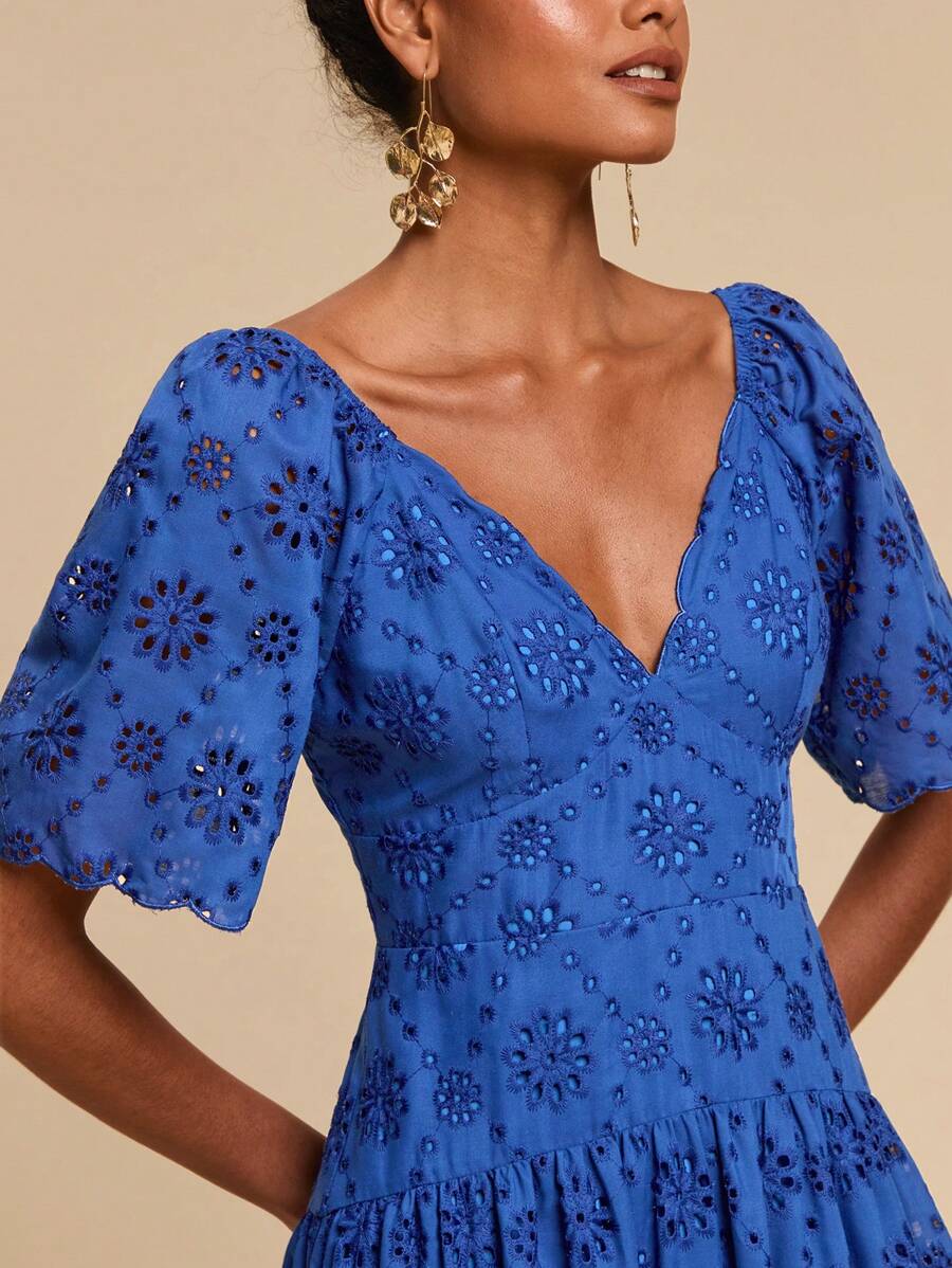 Travachic Summer Blue Puff Sleeve Long Dress With Floral Cutout Design And Sweetheart Neckline Blue Dress Blue Midi Dress Blue Eyelet Dress Blue Vacation Dress - Blue - View 1