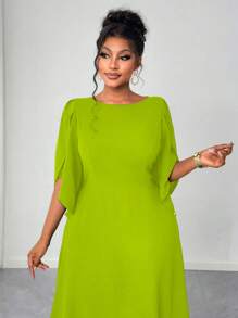 Maweii Váy xòe bất đối xứng màu tím thanh lịch & thời trang cỡ lớn cho nữ, tay áo 3/4, eo thắt chặt, viền loe không đối xứng, thích hợp cho các buổi hẹn hò và tiệc tùng - Màu Mù tạt vàng - Xem 7