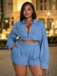 Slaydiva 大码女式浅蓝色牛仔短款上衣，弹性后背，性感长袖牛仔衬衫