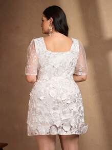 Chikora Váy cưới mùa hè thời trang cho mẹ cô dâu, mùa hè, cổ vuông, lưới vá, cỡ lớn, thắt eo - trắng - Xem 2