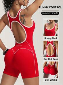 Easithlete 女式撞色镂空无袖修身连体衣，夏季运动装 - 紅色 - 查看 2