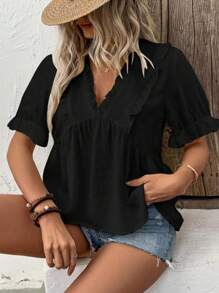 Calvaya 大码女式V领荷叶边宽松泡泡袖衬衫 - 黑色 - 查看 3