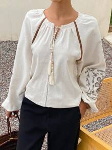 Livesso 女士波西米亚风刺绣流苏系袖衬衫亚麻长袖上衣度假装 - 杏色 - 查看 6