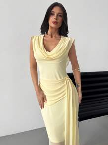 Firerie 女士新款简约优雅节日派对鸡尾酒舞会礼服露背连衣裙，黄色，交叉领口，腰部荷叶边设计，喇叭袖，修身连衣裙，夏季 - Butter Yellow - 查看 5