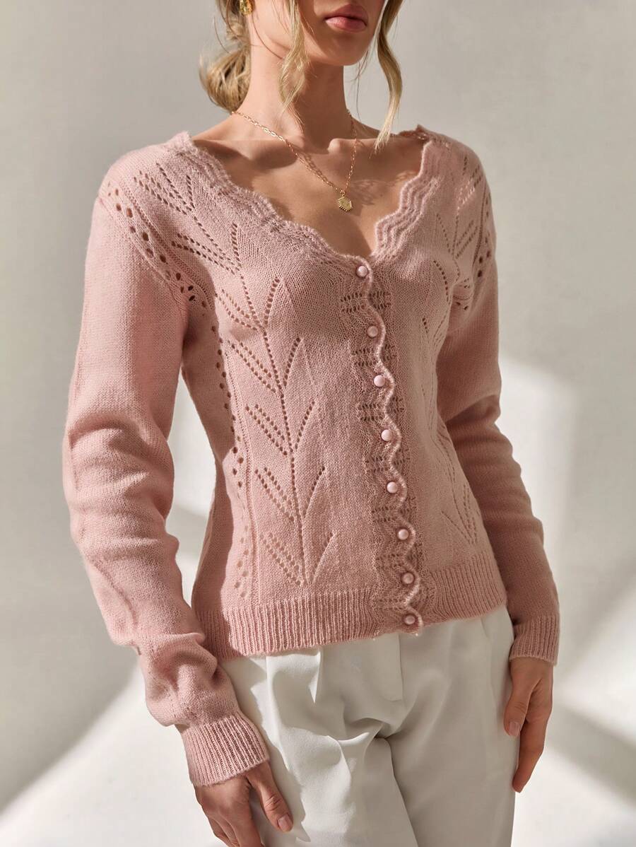 CLARA VERO Casual Hollow Out Crochet Pearl Button Down Cardigan,Cardigans For Women,Long Cardigans Woman,Petite Cardigans,Cardigans - Baby Pink - View 1