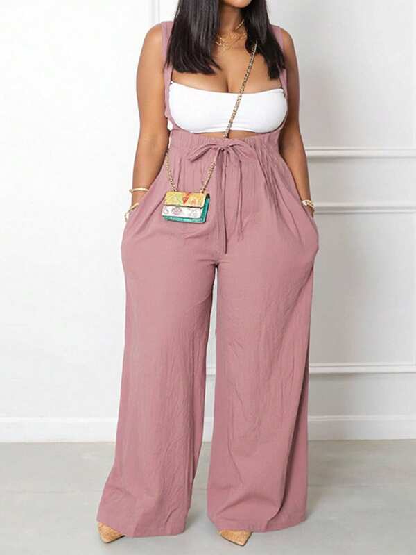 SHEIN Mono ancho de unicolor con tirantes anchos y ajustables para mujeres de talla grande, pierna ancha