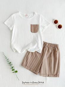 Cozy Pixies Conjunto de 2 piezas de niño con decoración de bolsillo, top de manga corta de cuello redondo y shorts de cintura elástica
