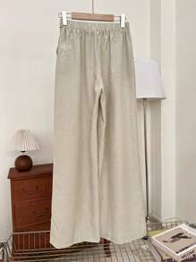 SHEIN Clasi 2025 夏秋新款复古高腰宽松休闲刺绣阔腿裤，优雅休闲风格适合工作、休闲、通勤、度假、商务、节日、独立日、返校、教师节、婚礼、派对、音乐节、万圣节、感恩节秋季 - 杏色 - 查看 2