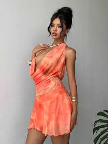 Aloruh Sexy & Elegant Orange Floral Print Asymmetrical Hem Mini Dress For Women - Orange - View 5