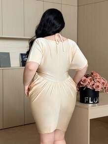 Flirla Plus Size Women's V-Neck Spaghetti Strap Pleated Lace Patchwork Glossy Rhinestone Embellished Elegant Vintage Party Maxi Dress, Spring/Summer - Apricot - View 2