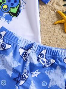 Ensemble de maillot de bain 2 pièces pour jeunes garçons, imprimé fixe partiel à l'avant, imprimé aléatoire ailleurs