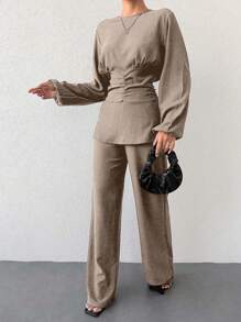 2pcs/Set Women Solid Crew Neck Lantern Sleeve Top With Ruched Waist And Pants - Beige - View 3