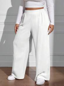 SHEIN EZwear Plus Size Casual Solid Color Simple Wide Leg Pants With Seam Front - White - View 8