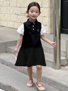 DAZY 年轻女孩拼布休闲泡泡袖蝴蝶结刺绣中长连衣裙，女孩夏季服装 - 黑色 - 查看 3