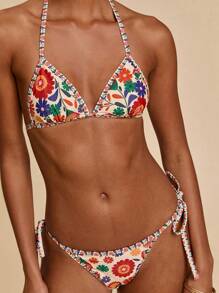 Travachic 女士花卉印花露背吊带比基尼套装，海滩/度假风格 - 紅色 - 查看 1