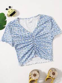 SHEIN 青少年女孩小碎花小褶邊抽褶T恤