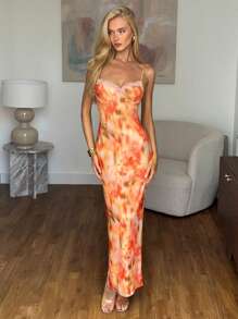 SHEIN BAE Robe maxi avec imprimé floral orange aux fleurs tie-dye avec ornement en dentelle, bretelles spaghetti, robe longue près du corps. Élégant pour femmes, vacances d'été, rendez-vous, soirée de demoiselle d'honneur, robe imprimée - Orange - Voir 1
