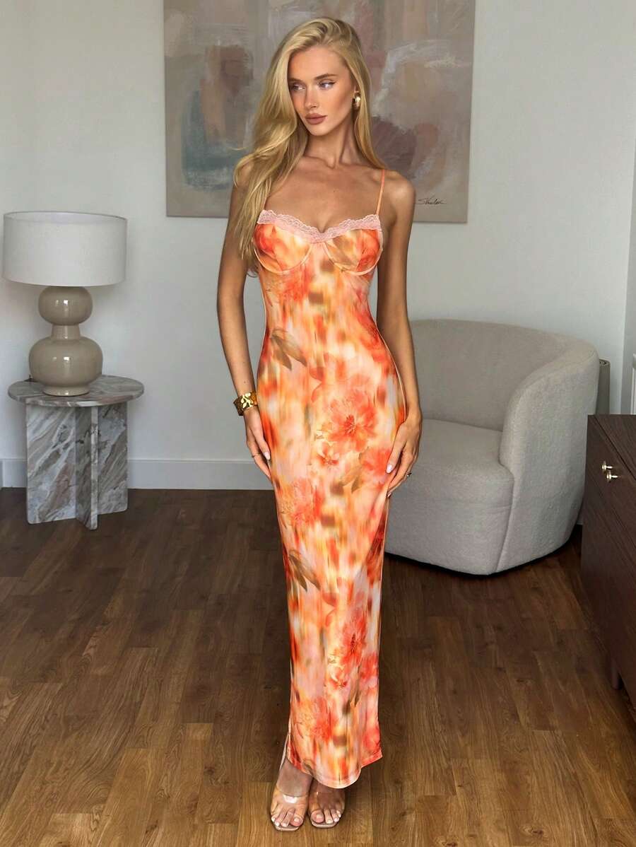 SHEIN BAE Robe maxi avec imprimé floral orange aux fleurs tie-dye avec ornement en dentelle, bretelles spaghetti, robe longue près du corps. Élégant pour femmes, vacances d'été, rendez-vous, soirée de demoiselle d'honneur, robe imprimée - Orange - Voir 1