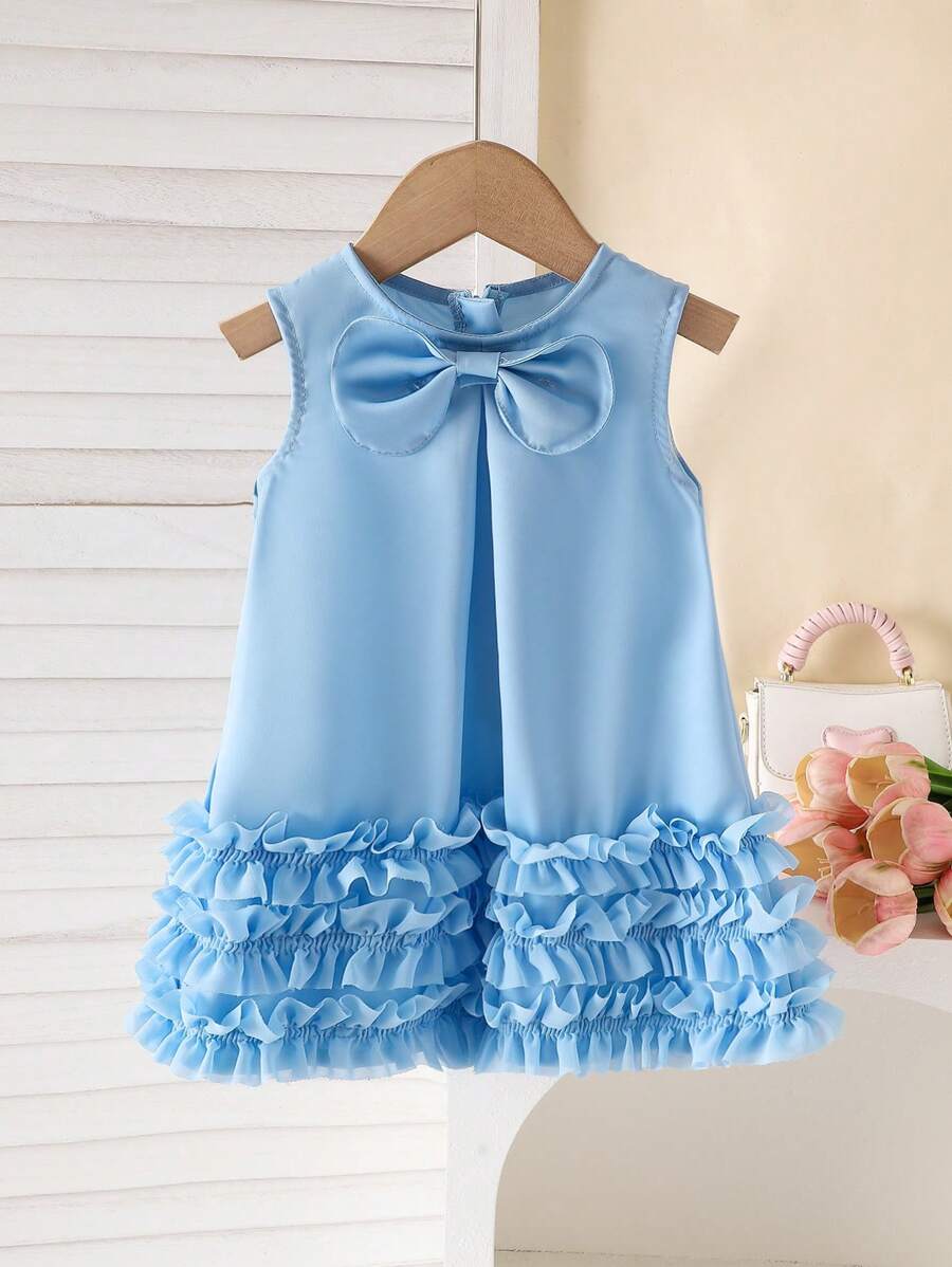 Vestido de línea A con volantes y lazo para bebé niña, de tela cómoda y de alta calidad, con diseño de moda que incluye un lazo decorativo y volantes, adecuado para usar en primavera y verano, versátil para ocasiones casuales - Azul - Ver 1