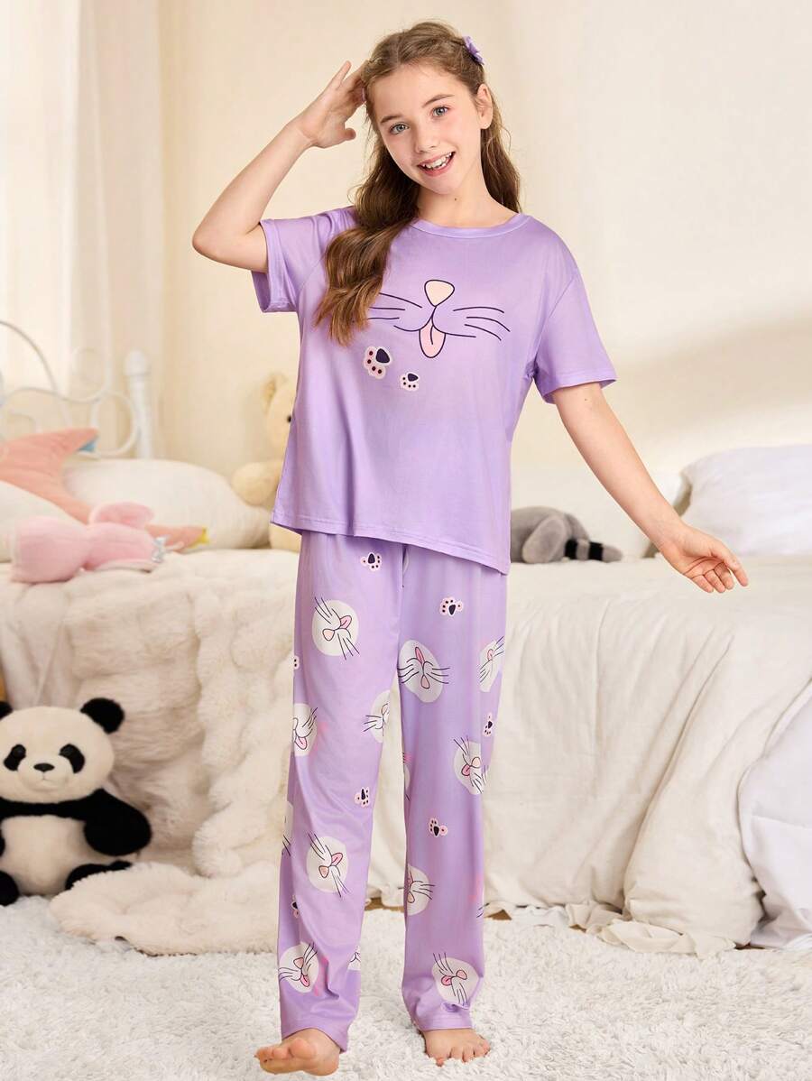 SHEIN 女童卡通印花圆领短袖睡衣上衣和裤子套装 - 紫色 - 查看 1