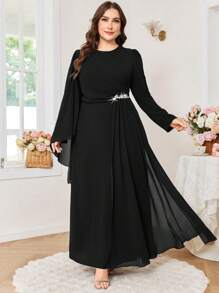 Modelyn Đầm dự tiệc cổ tròn đính đá sang trọng cỡ lớn cho nữ - màu đen - Xem 3